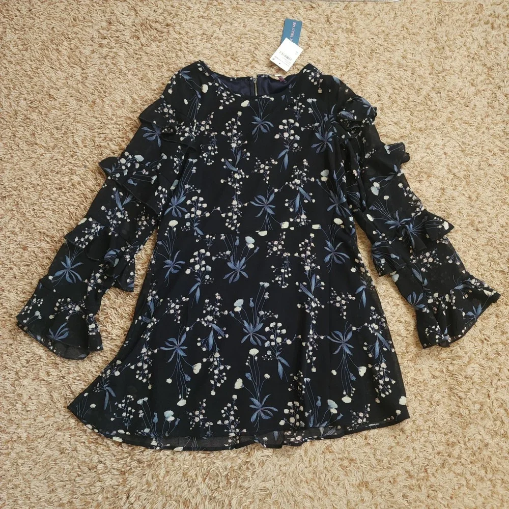 Truly Me Floral Chiffon Dress Girls 14 Navy Blue Ruffle Tiered Sleeve NWT